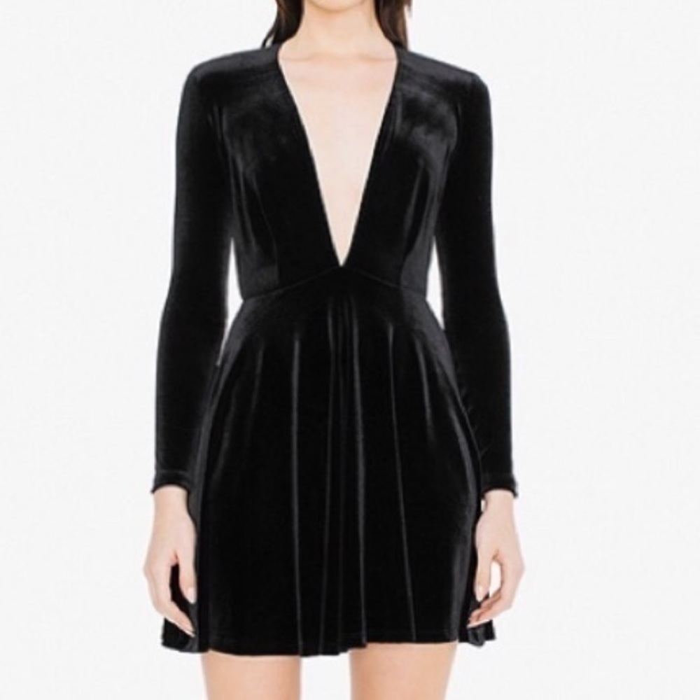 American Apparel Black Velvet Skater Dress DeepV XS